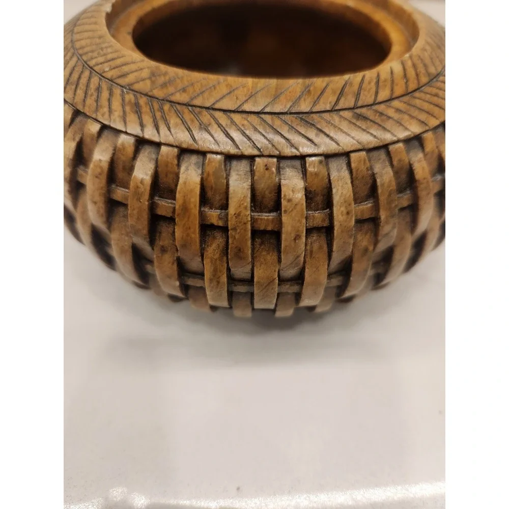 Vertical Wicker Weave Brown Soapstone Jar Trinket Decor Box with Lid‎ Heavy